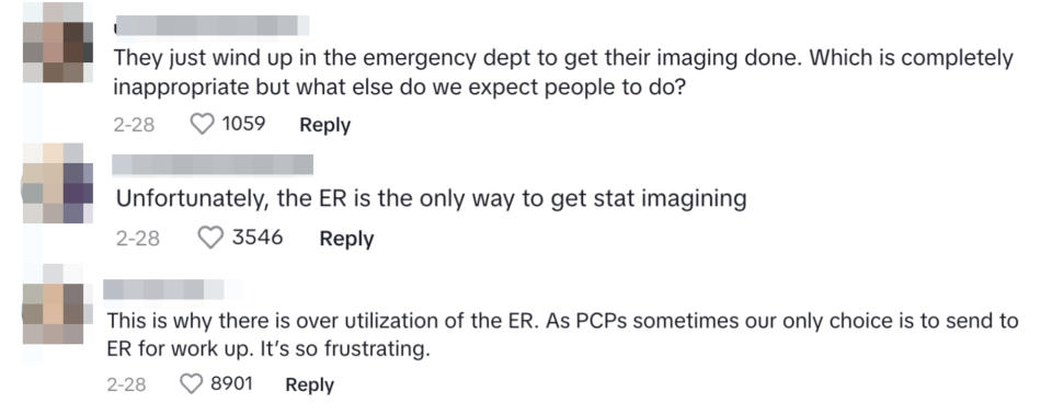Comment thread on a post discussing emergency room utilization for imaging services, with users sharing frustrations about healthcare system constraints