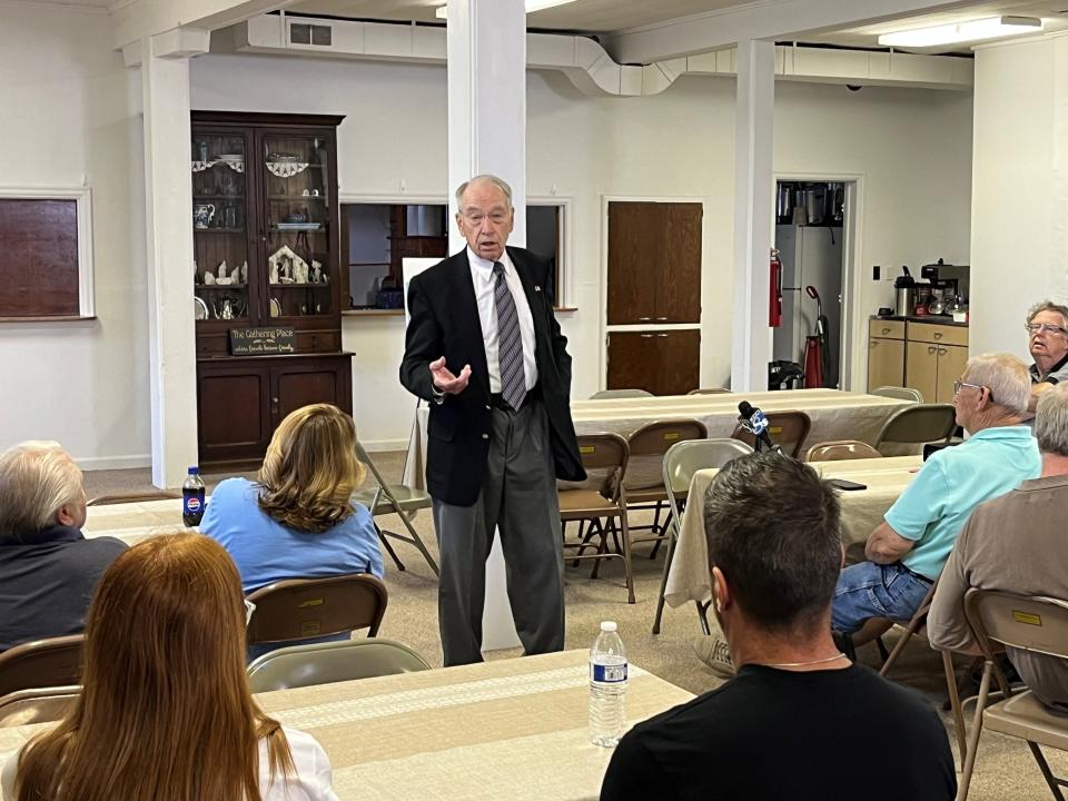 U.S. Sen. Chuck Grassley speaks to Iowans at a town hall in Greenfield on Friday, July 19, 2024.