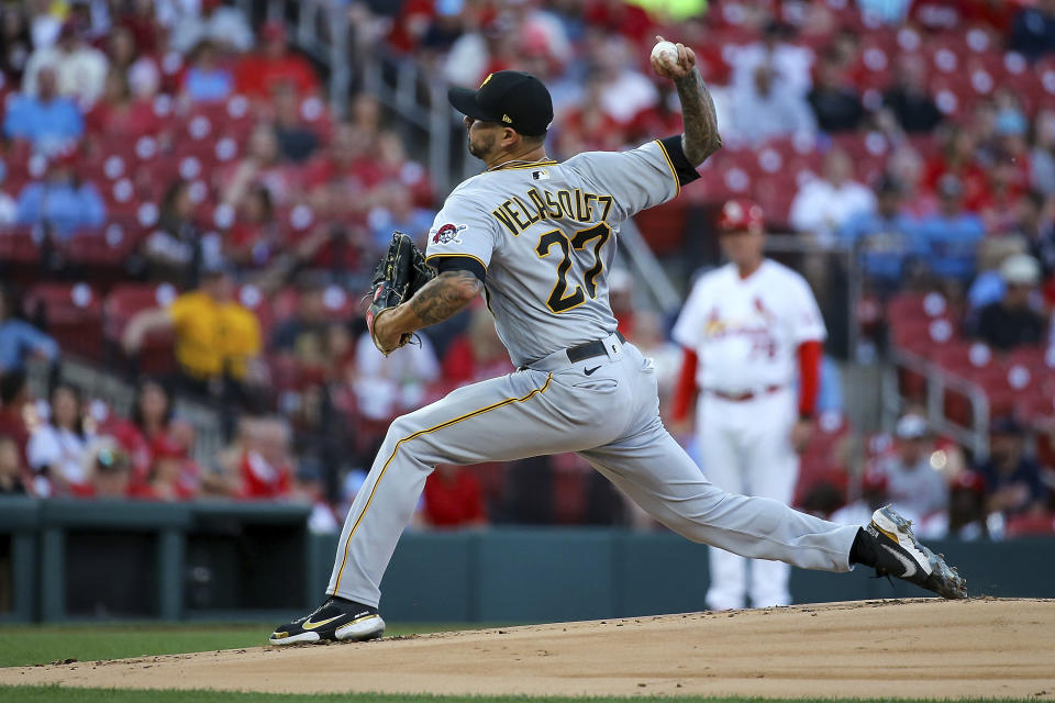 Pittsburgh Pirates starting pitcher Vince Velasquez throws to a St. Louis Cardinals batter during the first inning of a baseball game Thursday, April 13, 2023, in St. Louis. (AP Photo/Scott Kane)