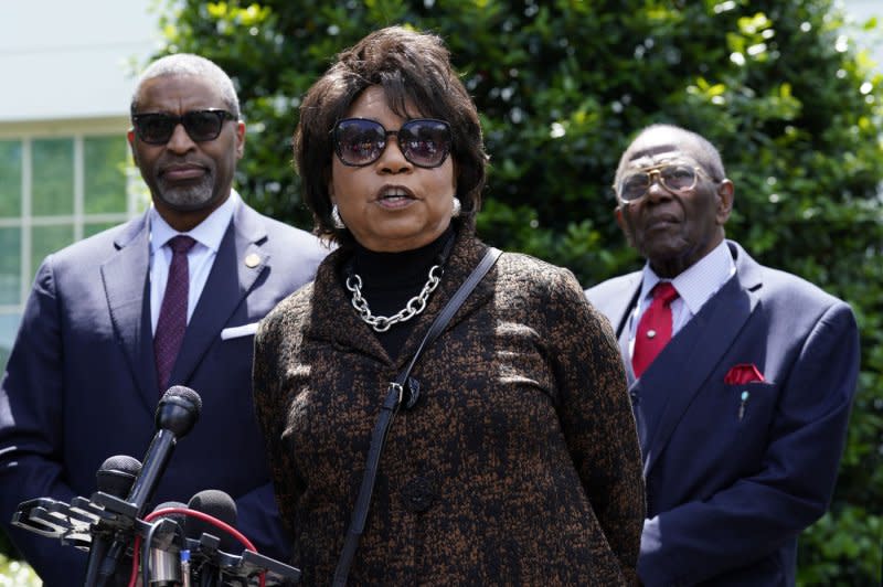 Cheryl Brown Henderson, daughter of Brown v. Board of Education plaintiff Oliver Brown, speaks to the media with other plaintiffs after their meeting with President Joe Biden at the White House on Thursday, May. Photo by Yuri Gripas/UPI