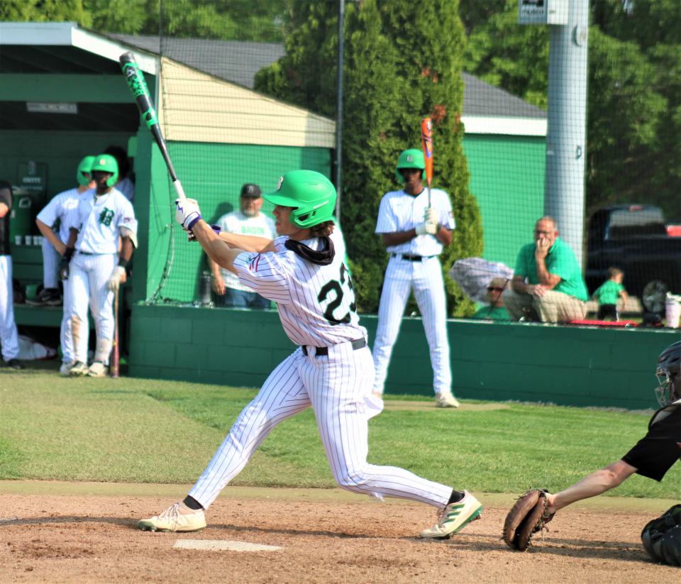 Badin senior Lucas Moore takes a swing as Hamilton Badin defeated Mt. Healthy 25-0 in an OHSAA Division II baseball sectional tournament game May 18, 2023, at Alumni Field in Joyce Park.