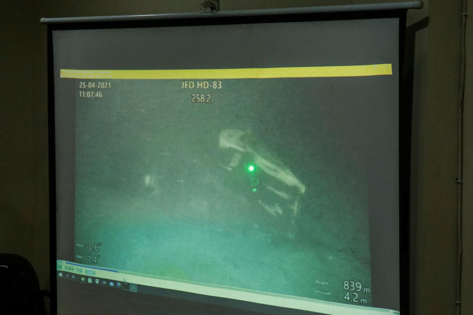 A video still showing a part of sunken Indonesian Navy submarine KRI Nanggala-402 lying on a seabed taken from a remotely operated vehicle (ROV) from MV Swift Rescue.