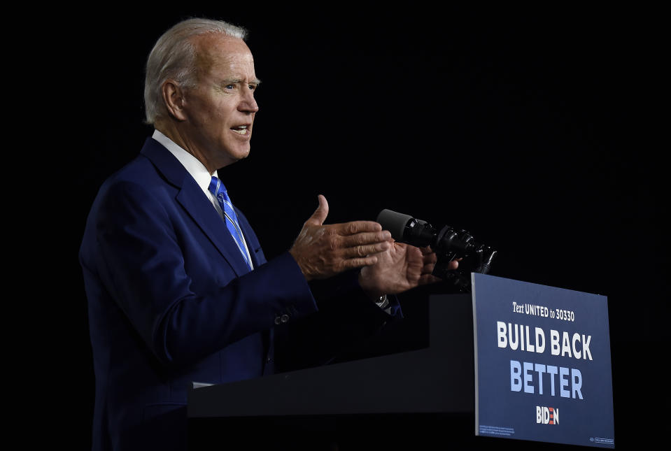 Democratic presidential candidate and former Vice President Joe Biden speaks at a  "Build Back Better" Clean Energy event on July 14, 2020 at the Chase Center in Wilmington, Delaware. (Photo by Olivier DOULIERY / AFP) (Photo by OLIVIER DOULIERY/AFP via Getty Images)