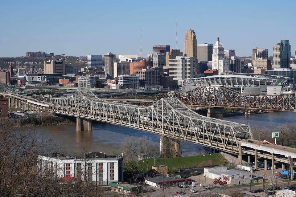 The bill designates $40 billion for bridge repair, replacement and rehabilitation. 
The heavily travelled Brent Spence Bridge spans the Ohio River on the Ohio-Kentucky border in Cincinnati, Ohio on April 2, 2021.