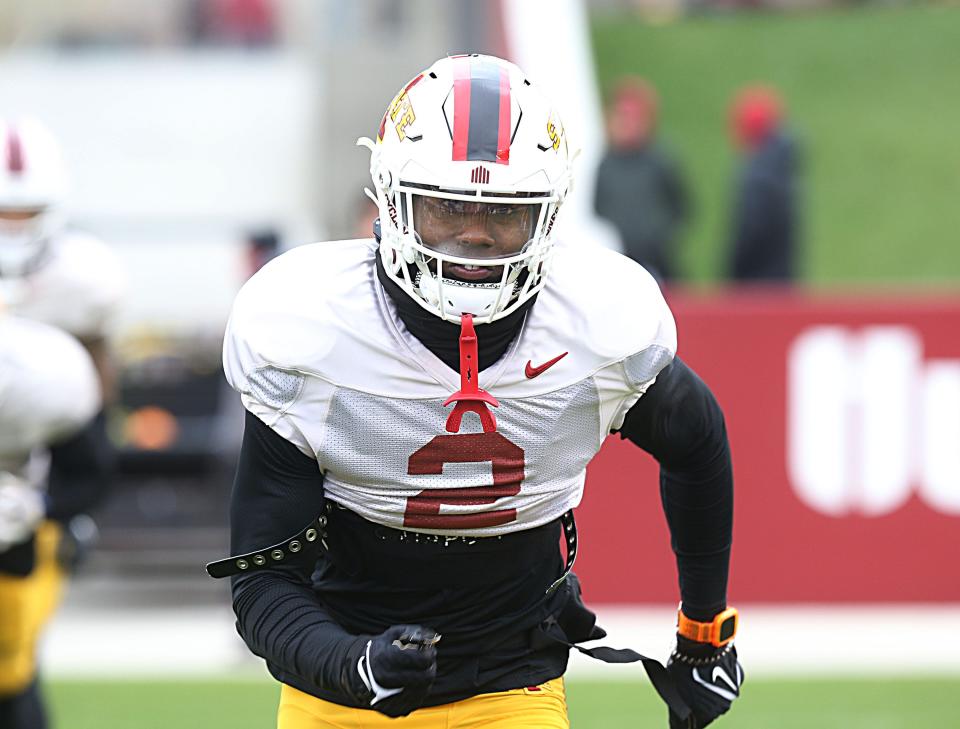 Iowa State Cyclones' defensive back T.J. Tampa (2) warms up during the university's Spring Football game at Jack Trice Stadium Saturday, April 22, 2023, in Ames, Iowa