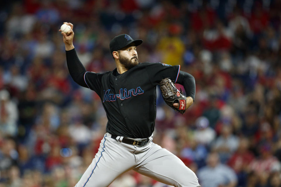 Miami Marlins' Pablo Lopez pitches during the third inning of a baseball game against the Philadelphia Phillies, Friday, Sept. 27, 2019, in Philadelphia. (AP Photo/Matt Slocum)