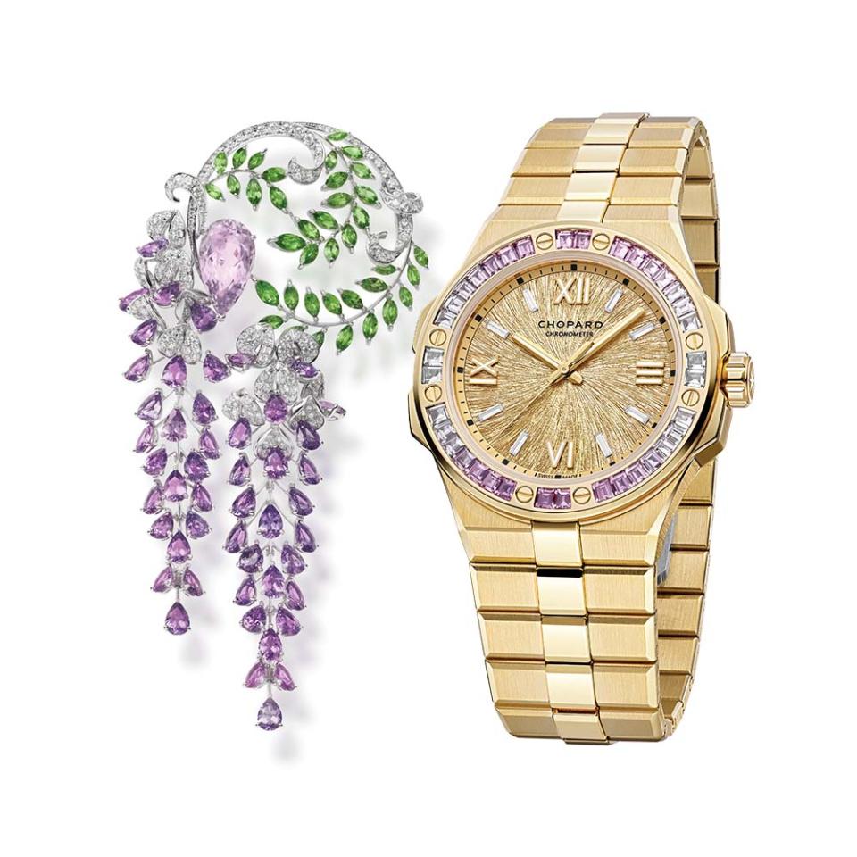 Left: Morganites, sapphires, garnets and diamonds totaling 32.27 carats are set in 18-karat white gold on Mikimoto’s Japanese Sense of Beauty Wisteria brooch; $120,000, at Mikimoto, Beverly Hills. Right: Chopard’s 18-karat yellow gold Alpine Eagle 41 watch is embellished with gradient-set sapphires and baguette-cut diamonds; $86,600, at Chopard, South Coast Plaza, Costa Mesa
