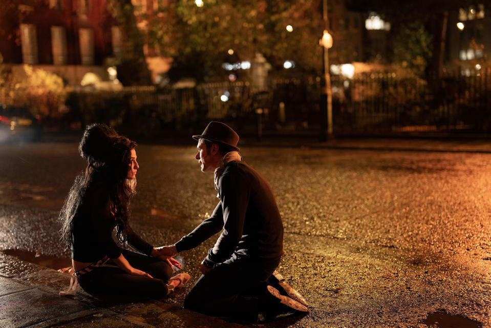 Marisa Abela as Amy and Jack O'Connell as Blake during a night scene in London.<span class="copyright">Courtesy of Focus Features</span>