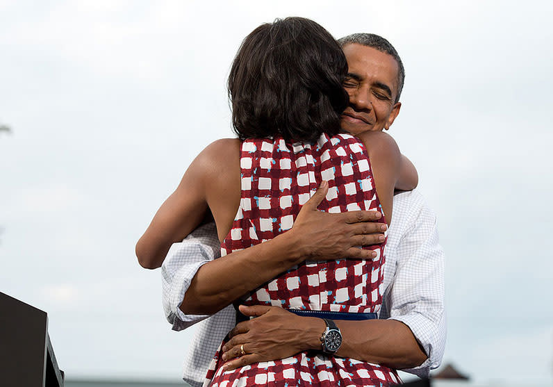 <b>Aug. 15, 2012:</b> "The President hugs the First Lady after she had introduced him at a campaign event in Davenport, Iowa. The campaign tweeted a similar photo from the campaign photographer on election night and a lot of people thought it was taken on election day." (Official White House Photo by Pete Souza)