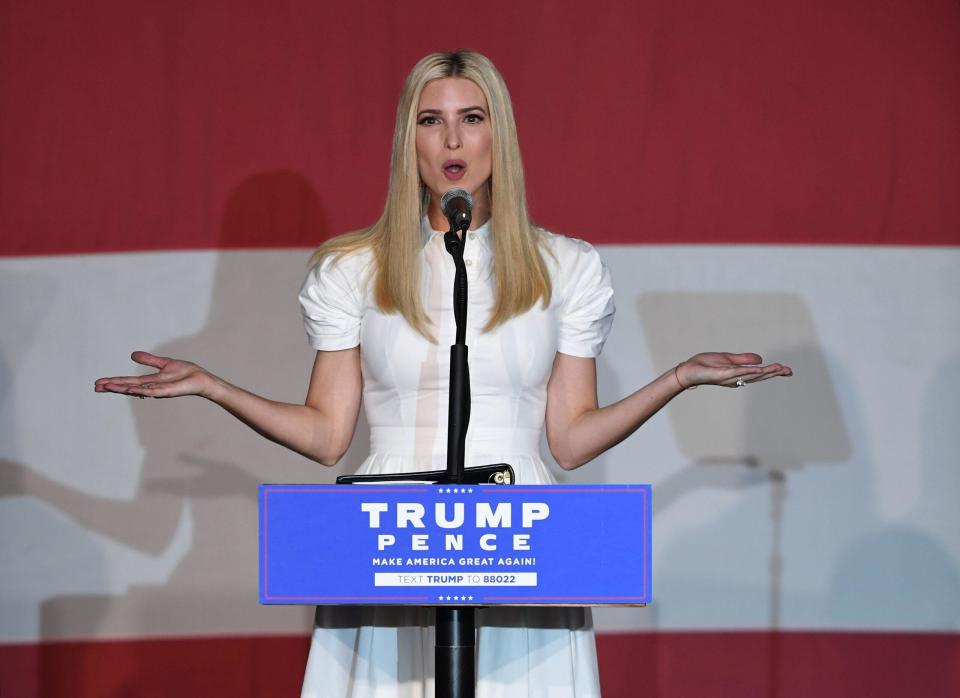 Ivanka Trump speaks during a campaign event for her father at the Bayfront Park Amphitheatre on October 27, 2020 in Miami Florida.