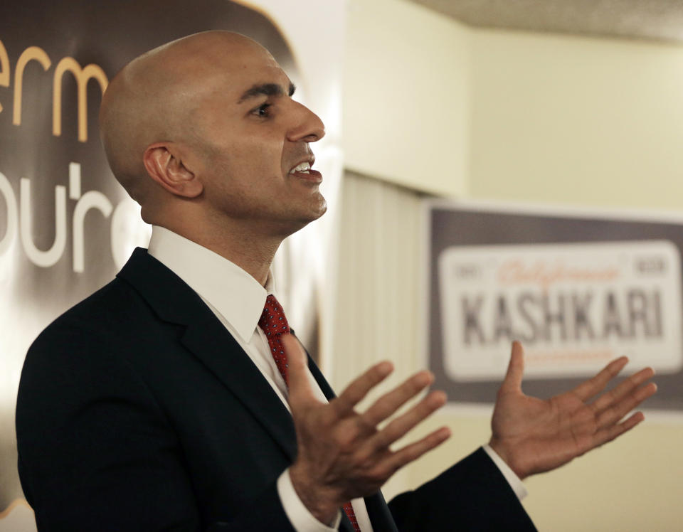 Gubernatorial candidate Neel Kashkari speaks to supporters at the California Republican Party 2014 Spring Convention Friday, March 14, 2014, in Burlingame, Calif. (AP Photo/Ben Margot)