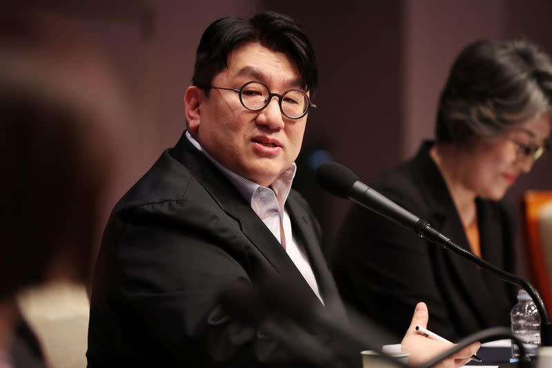 Bang Si-hyuk, Chairman of HYBE, speaks during a debate hosted by the Kwanhun club