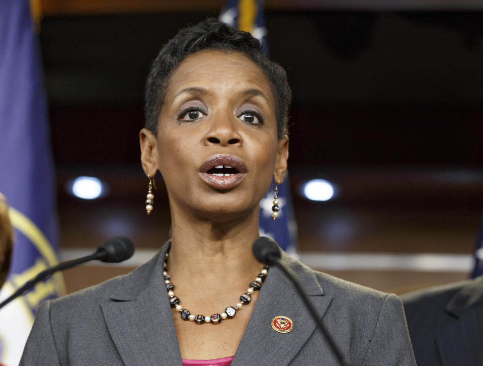 FILE - Rep. Donna Edwards, D-Md., speaks on Capitol Hill in Washington, Nov. 17, 2014. Former Rep. Donna Edwards, who held Maryland's 4th Congressional District seat from 2008 to 2017, is running to get her job back representing the Black-majority district in the suburbs of the nation's capital. She will face former county prosecutor Glenn Ivey. (AP Photo/J. Scott Applewhite, File)