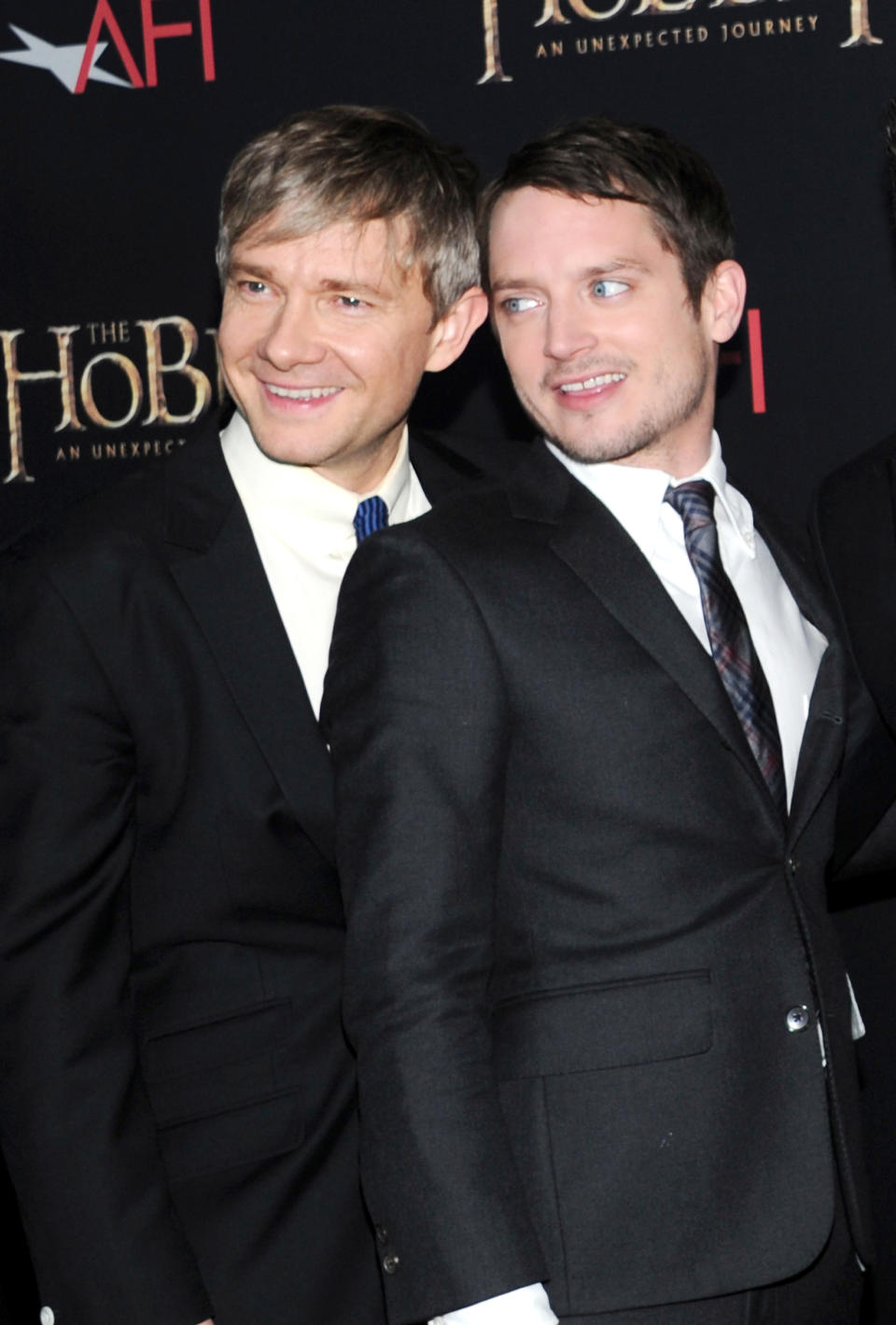 Actors Martin Freeman, left, and Elijah Wood attend the premiere of "The Hobbit: An Unexpected Journey" at the Ziegfeld Theatre on Thursday Dec. 6, 2012 in New York. (Photo by Evan Agostini/Invision/AP)