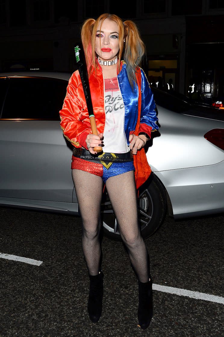 <p>LiLo went out in London dressed in one of this year’s most popular Halloween costumes — <i>Suicide Squad</i>‘s Harley Quinn. (Photo: AKM-GSI) </p>