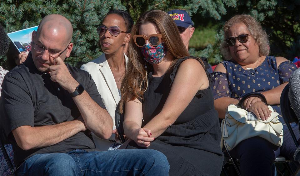 Family members of Bucks County residents who died during the terror attacks, listen to the guest speakers during the 20th anniversary of the 9/11 terror attacks, was held at the Garden of Reflection in Lower Makefield Township, on Saturday, Sept. 11, 2021.