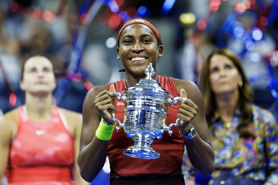 Coco Gauff celebrates.