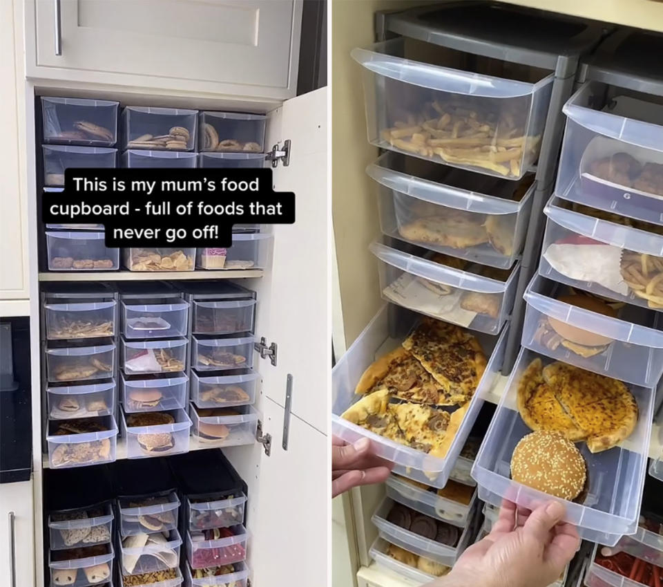 A nutritionist's cupboard full of unwrapped junk food that seemingly never go bad has sparked debate on TikTok. Photo: TikTok/@elifgkandemir