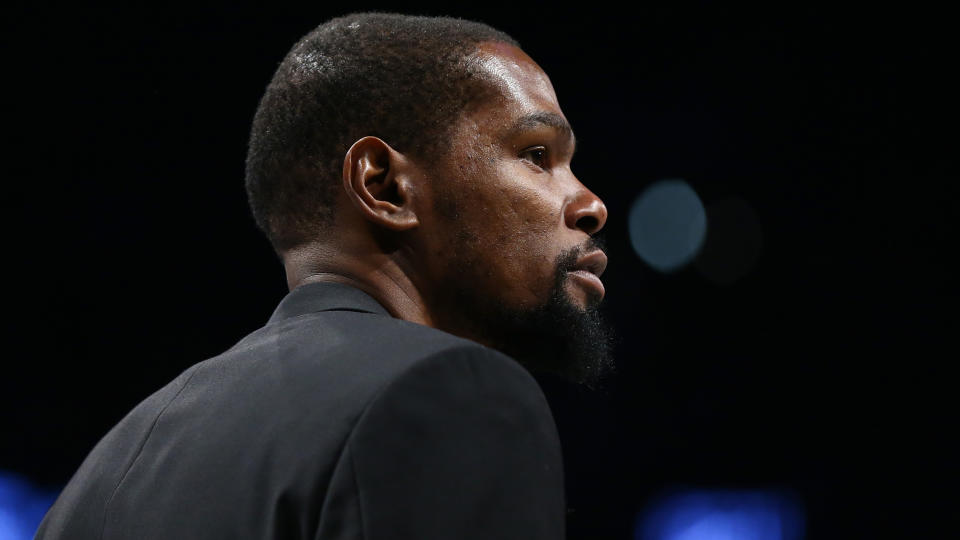 Kevin Durant is among four Brooklyn Nets players who tested positive for coronavirus. (Mike Stobe/Getty Images)