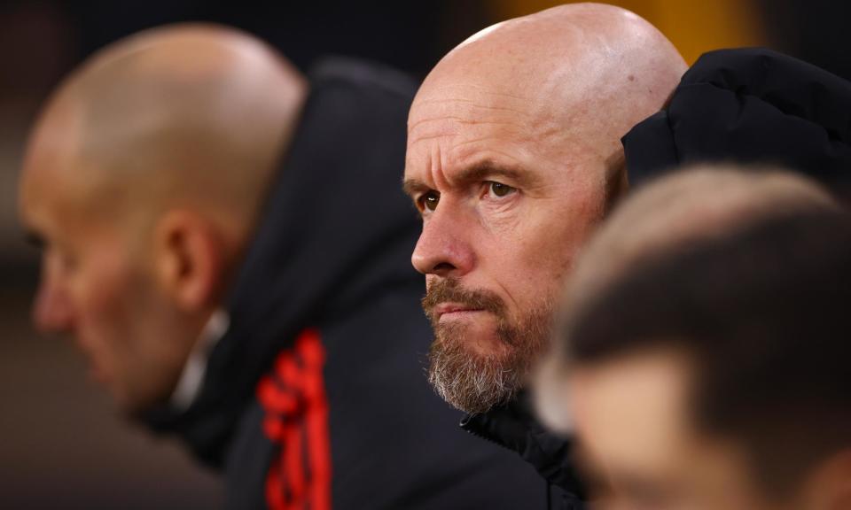 <span>Erik ten Hag on the Molineux touchline during <a class="link " href="https://sports.yahoo.com/soccer/teams/manchester-united/" data-i13n="sec:content-canvas;subsec:anchor_text;elm:context_link" data-ylk="slk:Manchester United;sec:content-canvas;subsec:anchor_text;elm:context_link;itc:0">Manchester United</a>’s win at Wolves.</span><span>Photograph: Marc Atkins/Getty Images</span>