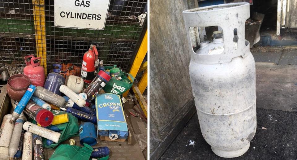 Pile of gas cylinders at recycling station; Gas cylinder