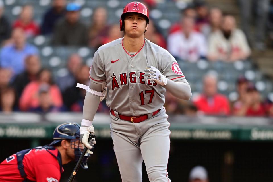 Los Angeles Angels' Shohei Ohtani reacts after striking out during the third inning of the team's baseball game against the Cleveland Guardians, Tuesday, Sept. 13, 2022, in Cleveland. (AP Photo/David Dermer)