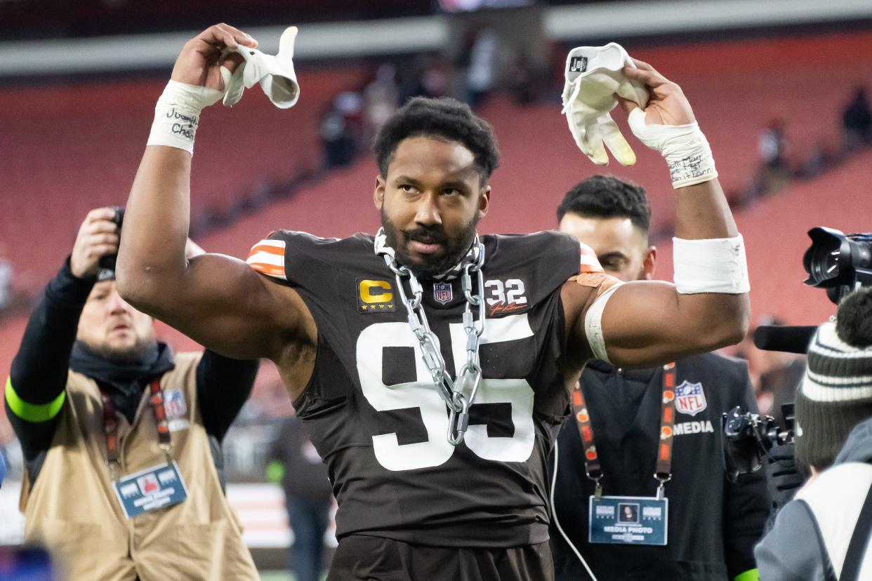 Browns defensive end Myles Garrett celebrates after a win over the Jacksonville Jaguars at Cleveland Browns Stadium, Dec. 10, 2023.