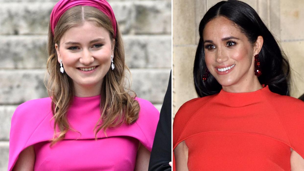 Princess Elisabeth in a pink dress and Meghan Markle in a red dress