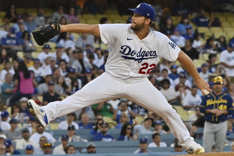 Los Angeles Dodgers starting pitcher Clayton Kershaw winds up to deliver a pitch against the Milwaukee Brewers on Wednesday at Dodgers Stadium in Los Angeles. Photo by Jim Ruymen/UPI