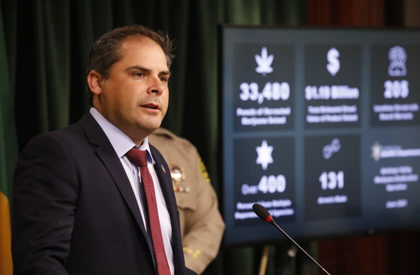 LOS ANGELES, CA - JULY 07: Mike Garcia, U.S Representative addressee a press conference with Los Angeles County Sheriff Alex Villanueva and Supervisor Kathryn Barger, Los Angeles County Board of Supervisors, as they discuss the results of the largest Marijuana Eradication Operation of illegal Marijuana cultivations in the history of the Los Angeles County Sheriff's Department that resulted in the seizure of approximately 373,000 marijuana plants and 33,480 lbs of harvested marijuana worth about $1.193 billion dollars. Hall of Justice on Wednesday, July 7, 2021 in Los Angeles, CA. (Al Seib / Los Angeles Times).