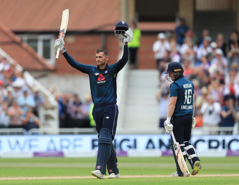 Alex Hales, left, celebrates his century against Australia in 2018, in England’s then world record 481 for six (Mike Egerton/PA) (PA Archive)