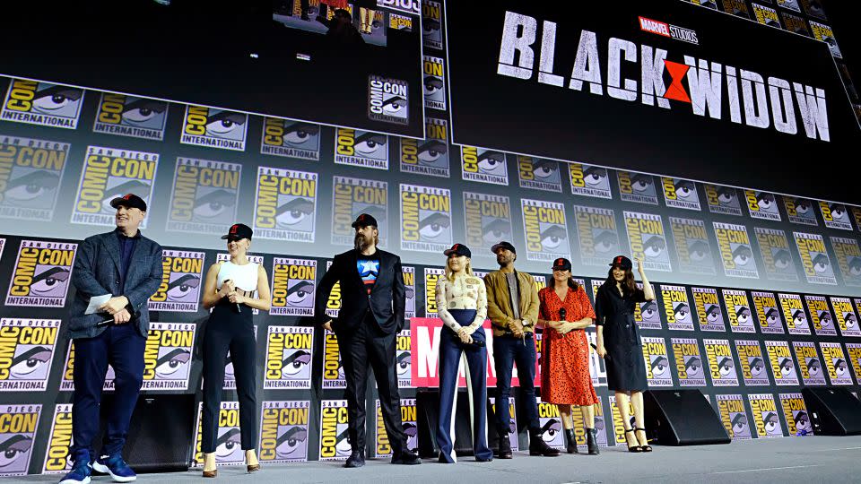 (From left) Kevin Feige, Scarlett Johansson, David Harbour, Florence Pugh, O-T Fagbenle, director Cate Shortland and Rachel Weisz at the San Diego-Comic Con panel for 'Black Widow' in 2019.  - Alberto E. Rodriguez/Getty Images
