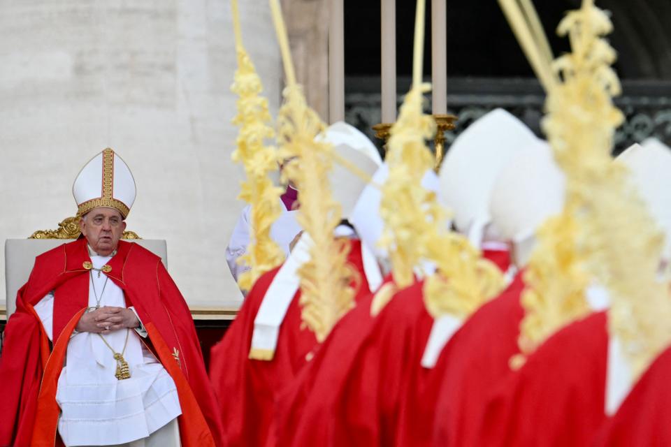 Pope Francis presides the Palm Sunday mass at St Peter's square in the Vatican on March 24, 2024.