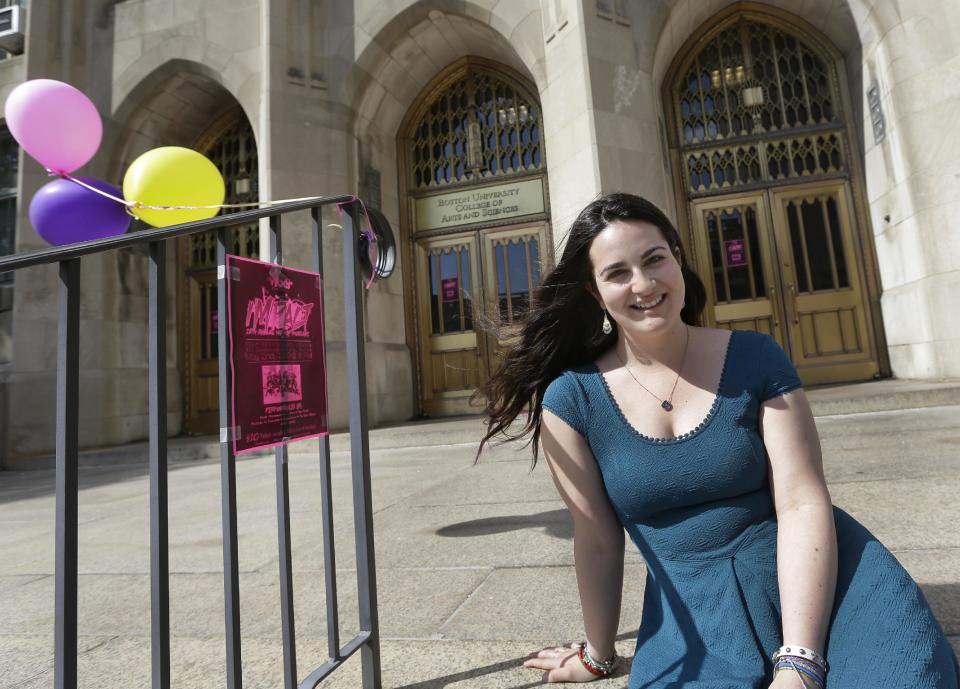 This Thursday, May 2, 2013 photo shows Allison Guarino, 19, a freshman at Boston University, posing on campus in Boston. New rules permitting 15-year-olds to get the morning-after pill without a prescription are being debated by teens as well as adults, with some saying it will help kids who can't confide in an adult, while others say the lower age infringes on a parent's right to know what's going on. Guarino, a political science and public health major, teaches pregnancy prevention to ninth-graders in Boston public schools and says she encounters a lot of ignorance among the kids she works with. (AP Photo/Elise Amendola)