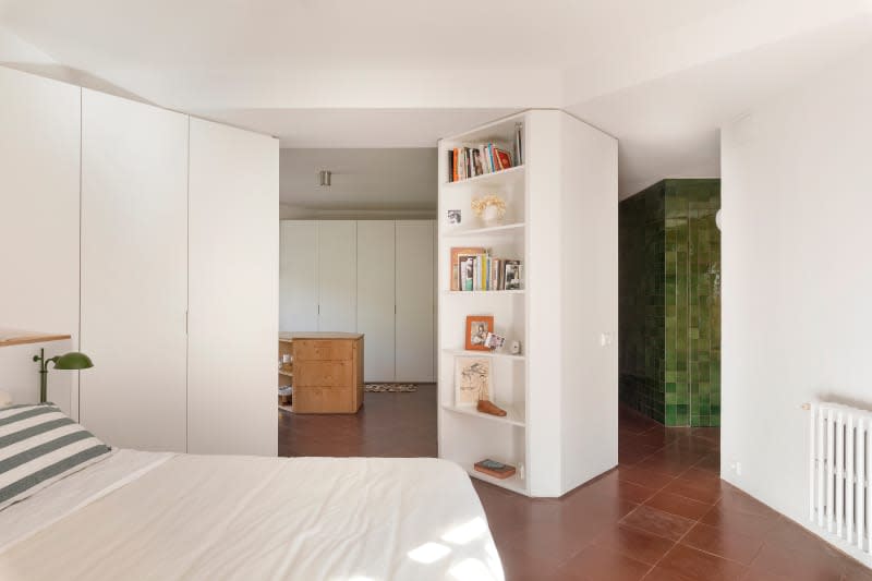 Bookshelves in bedroom.