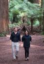 <p>The Duchess of Sussex bundled up in Prince Harry's waterproof jacket during their visit of the Redwoods Forest at Rotorua, New Zealand. </p>