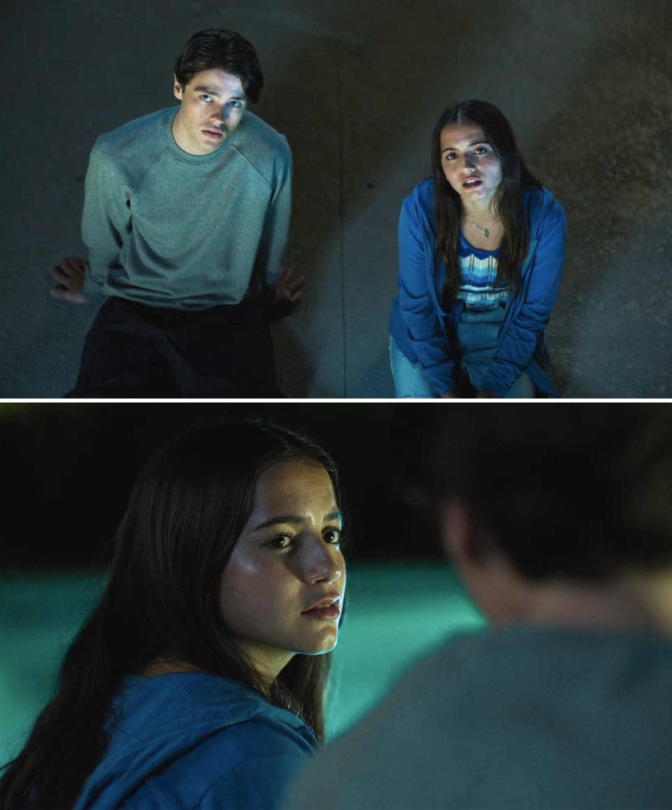 Two scenes from a TV show: top image shows two characters sitting and talking; bottom is a close-up of the girl listening intently