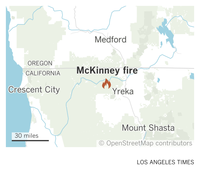 A map of the Oregon-California border area shows the location of the McKinney fire near Yreka, California