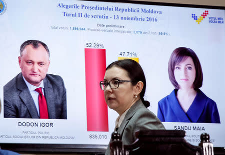 Central Election Commission chairman Alina Russu arrives to a news conference at the commission's headquarters in Chisinau, Moldova, November 14, 2016. REUTERS/Gleb Garanich