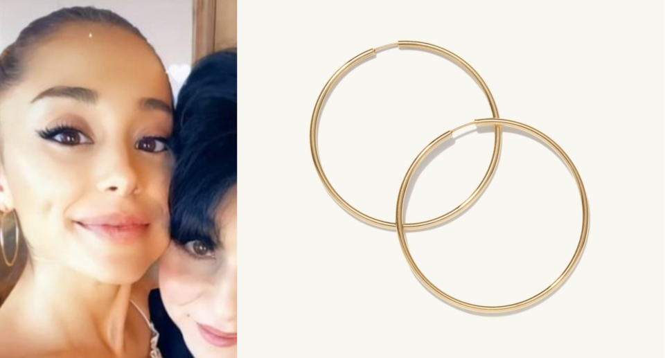 Ariana Grande wearing Mejuri Oversized Thin Gold Hoops Earrings (photos via Ariana Grande/Instagram & Mejuri).