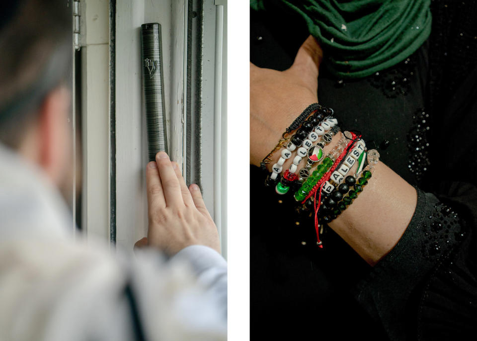Avraham Shaya Eisenman, left, touches a mezuzah. Right, a detail of bracelets of an attendee at a healing and empowerment event at the Palestinian American Community Center. (Danielle Amy for NBC News)