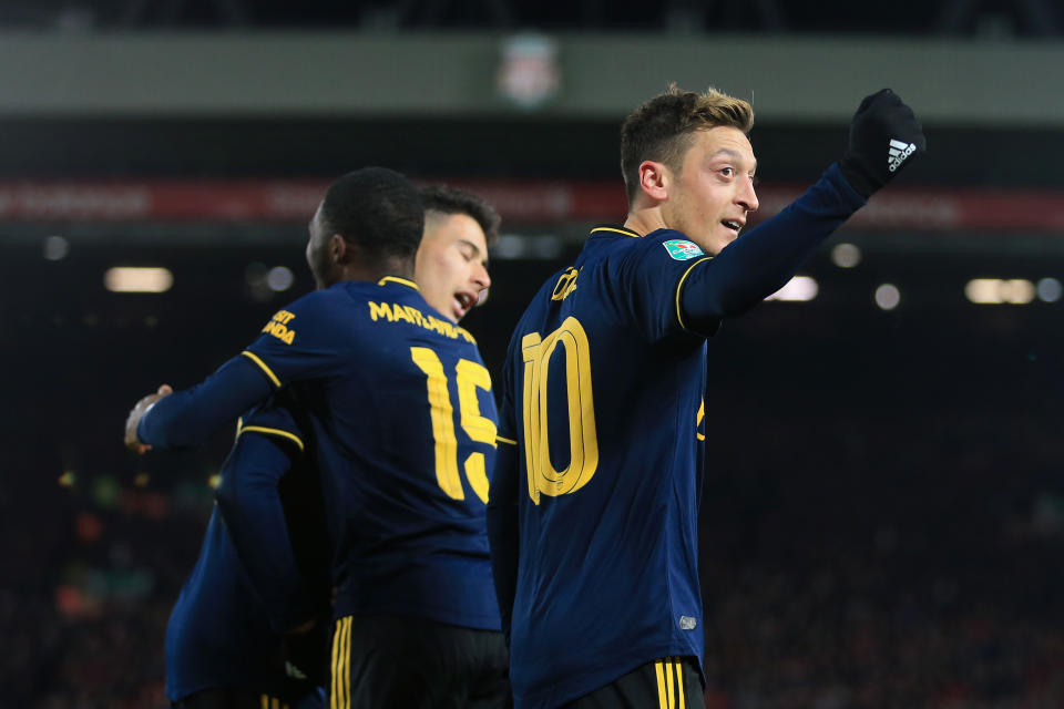 LIVERPOOL, ENGLAND - OCTOBER 30: Mesut Ozil of Arsenal celebrates after their 4th goal during the Carabao Cup Round of 16 match between Liverpool and Arsenal at Anfield on October 30, 2019 in Liverpool, England. (Photo by Simon Stacpoole/Offside/Offside via Getty Images)