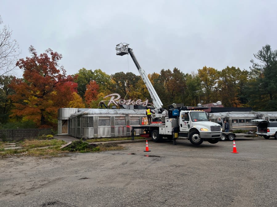 Crews removed the "Rosie's" sign form the iconic diner on Oct. 20, 2023.