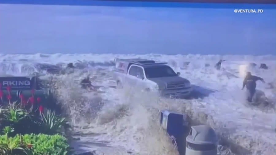 Video captured the moment beachgoers were slammed into by a massive rogue wave in Ventura County on Dec. 28, 2023, sending nine people to the hospital. (Ventura Police Department)