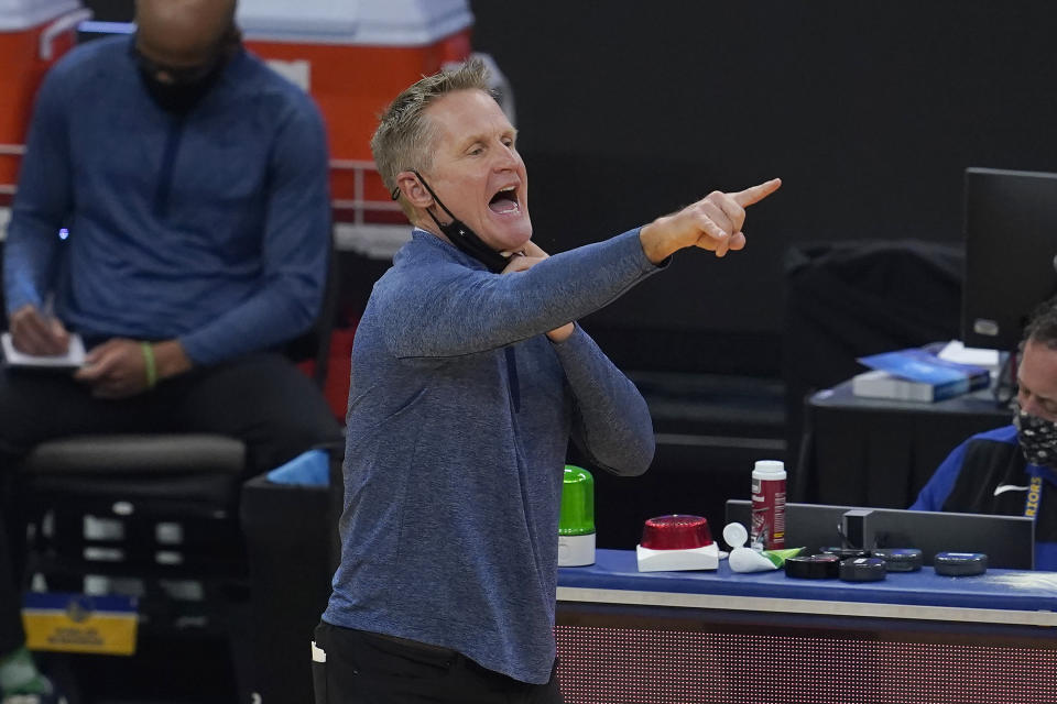 Golden State Warriors coach Steve Kerr reacts during the first half of the team's NBA basketball game against the New York Knicks in San Francisco, Thursday, Jan. 21, 2021. (AP Photo/Jeff Chiu)