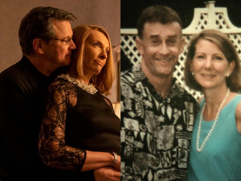 Colin Firth, Toni Collette in "The Staircase" (left) and Michael Peterson, Kathleen Peterson (right)