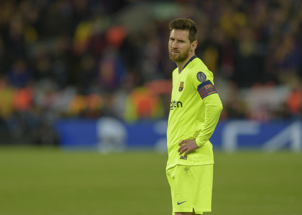 LIVERPOOL, ENGLAND - MAY 07: Lionel Messi of FC Barcelona looks dejected after the UEFA Champions League Semi Final second leg match between Liverpool and Barcelona at Anfield on May 7, 2019 in Liverpool, England. (Photo by TF-Images/Getty Images)