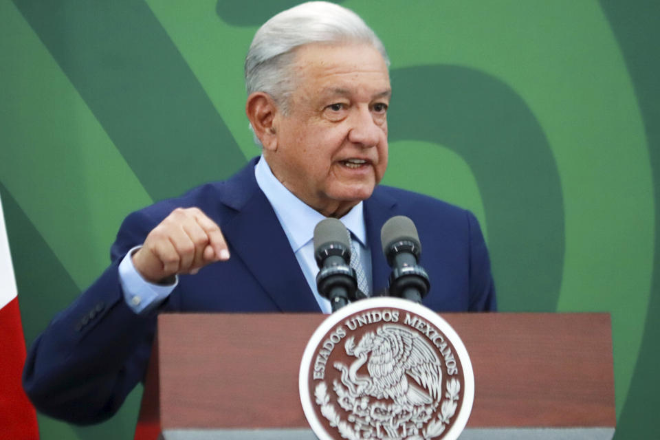 March 09, 2023, Mexico City, Mexico: Mexico's President Andres Manuel Lopez Obrador speaks during his briefing morning conference , at the Intelligence Center of the Ministry of Public and Citizen Security, on March 9, 2023 in Mexico City, Mexico. (Carlos Santiago / Eyepix Group/Sipa via AP)