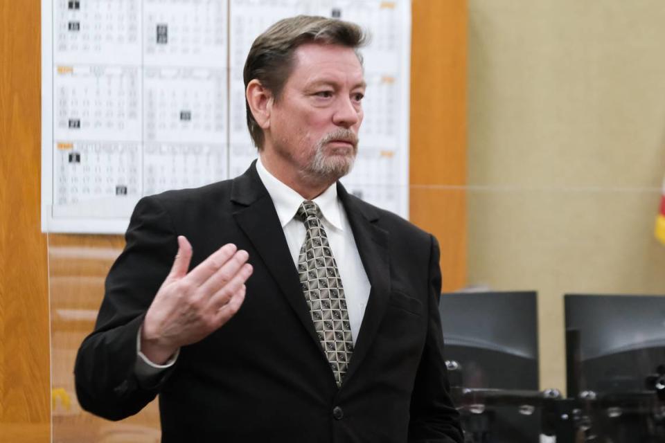 Defense attorney James Askew gives opening statements in the murder case against his client Marco Antonio Cota Jr. in San Luis Obispo Superior Court on Feb. 1, 2024.