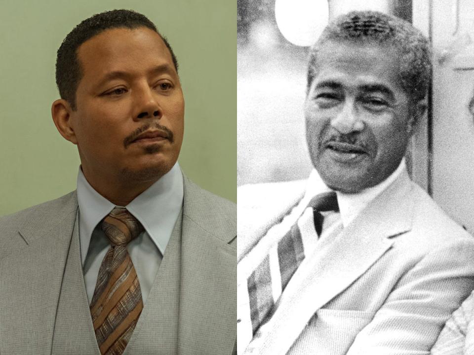 Terrence Howard, left, as Arthur Hardwick in the Netflix film "Shirley." The real Hardwick, right, in November 1977.
